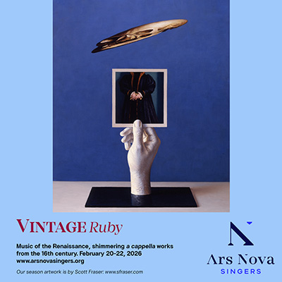 A marble hand holds a painting of a medieval lord's coat. Above the statue is a painting of a distorted skull