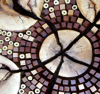 ars nova "lost/found" performance promotional image of art made of slices of wood