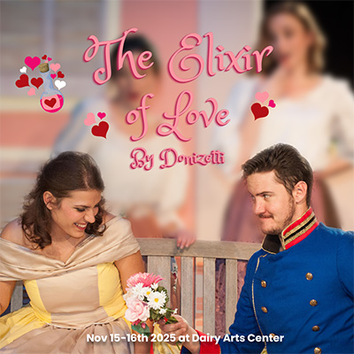 A smiling man and woman in classical fashion sit on a bench. The man hands the woman a bouquet of flowers