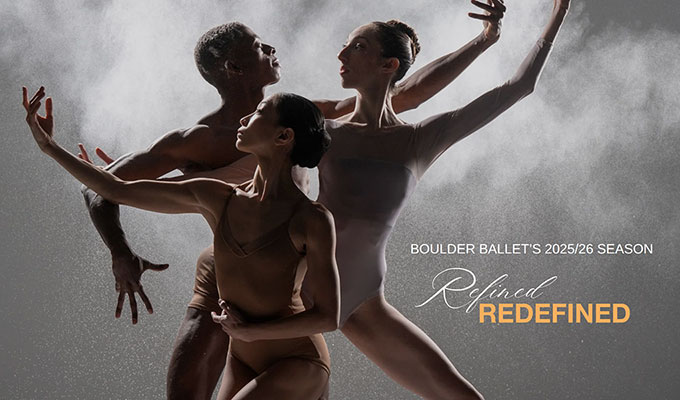 Three ballet dancers pose gracefully, silhouetted against a gray background.