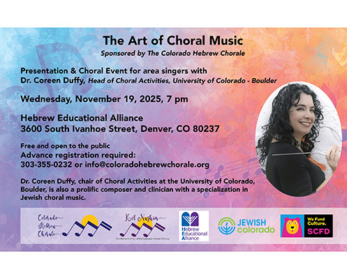 A graphic displaying information about the Art of Choral Music, set on a colorful, serene, abstract watercolor background, with a picture of Dr. Coreen Duffy on the right