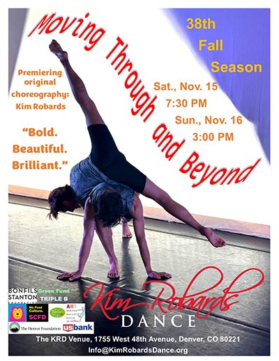 two dancers intertwined on a stage, a bright wall of white light shining behind them. Around them is the title of the performance along with date, location, and sponsors.