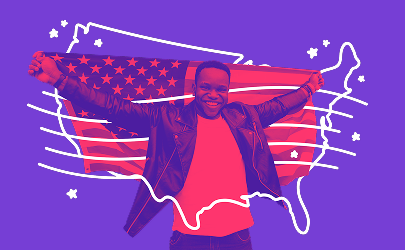 An illustration of a smiling man holding an American flag with an outline of the United States overlapping him