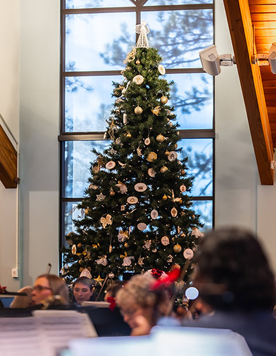 A Christmas tree standing next to tall window, where snowy trees can be seen outside. An orchestra sits out of focus at the base of the tree