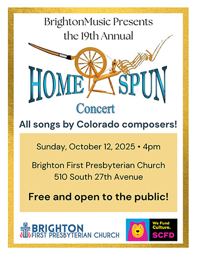 A golden spinning wheel being painted by a paintbrush and producing musical notes, surrounded by the words "Homespun" and the event information
