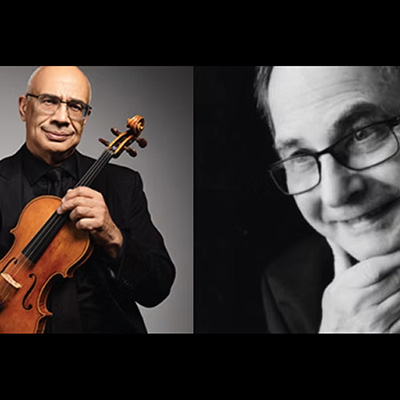 two columns of photography; on the left is William Vendryes in all black formal wear posing with a violin and on the right is a black and white image of William David