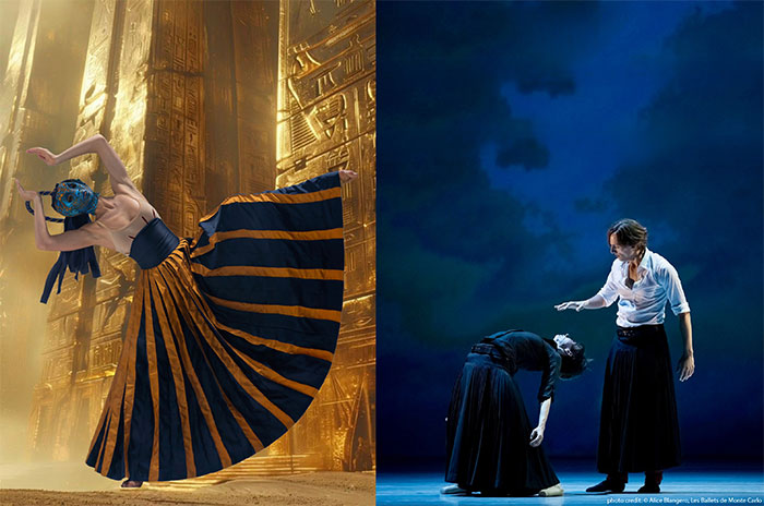Left side: a dancer performing Arcturian, wearing an Egyptian inspired costume, behind them are gold-covered columns engraved with hieroglyphics. Right side: two men dance on a blue-lit stage; one wearing black leans far backward while the other wearing a white shirt stands behind him with a hand poised over his face