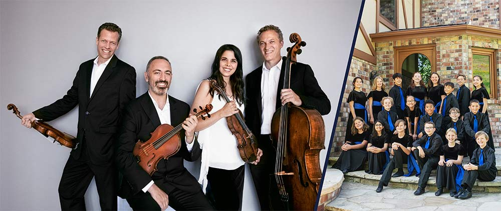 Left: A string quartet pose with their instruments, smiling and wearing formal clothes. Right: Children dressed in blue and black formal clothes sit on stone stairs in front of a fancy stone building.