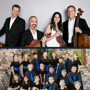 Top: A string quartet pose with their instruments, smiling and wearing formal clothes. Bottom: Children dressed in blue and black formal clothes sit on stone stairs in front of a fancy stone building.